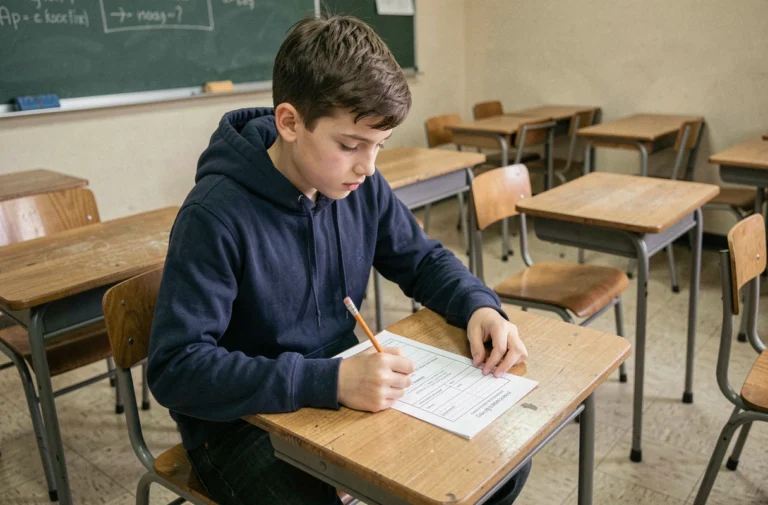 Adolescent concentré sur son examen ASSR dans une salle de classe réaliste