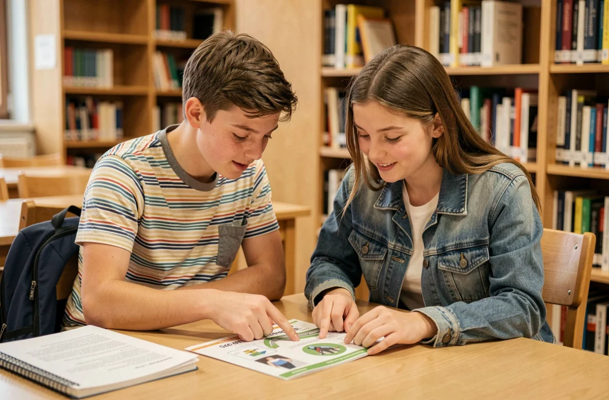 Deux adolescents qui révisent ensemble le guide de l'ASSR dans la bibliothèque du collège avant leur examen