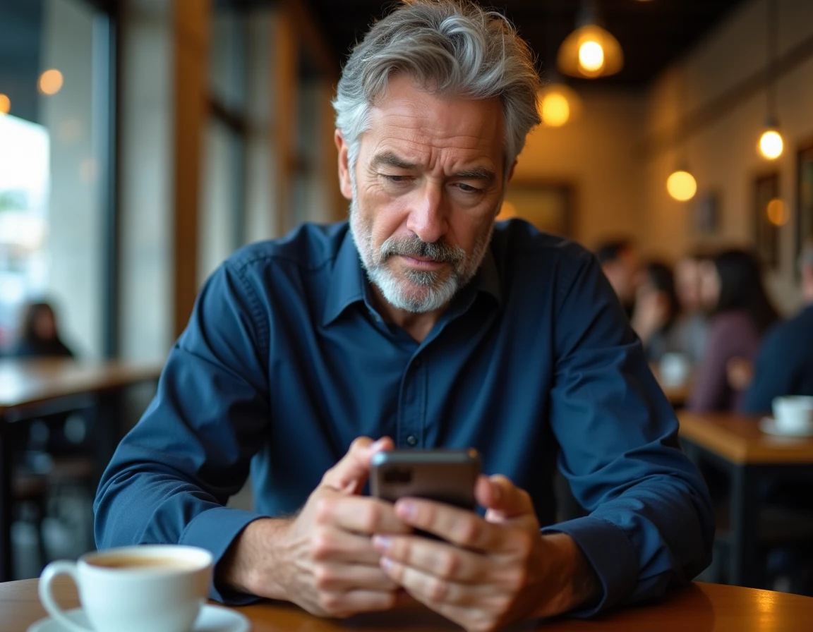 Homme authentifiant son compte en ligne sur smartphone dans un café urbain
