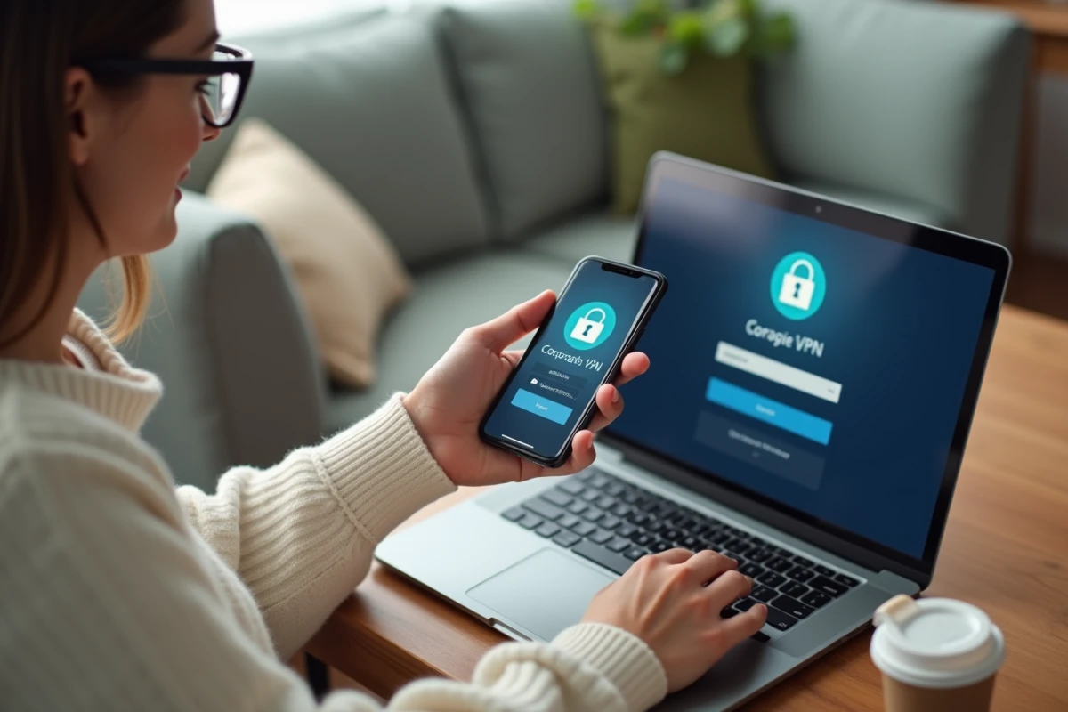 Femme en télétravail utilisant l'authentification à deux facteurs sur smartphone pour se connecter en toute sécurité à l'intranet de son entreprise