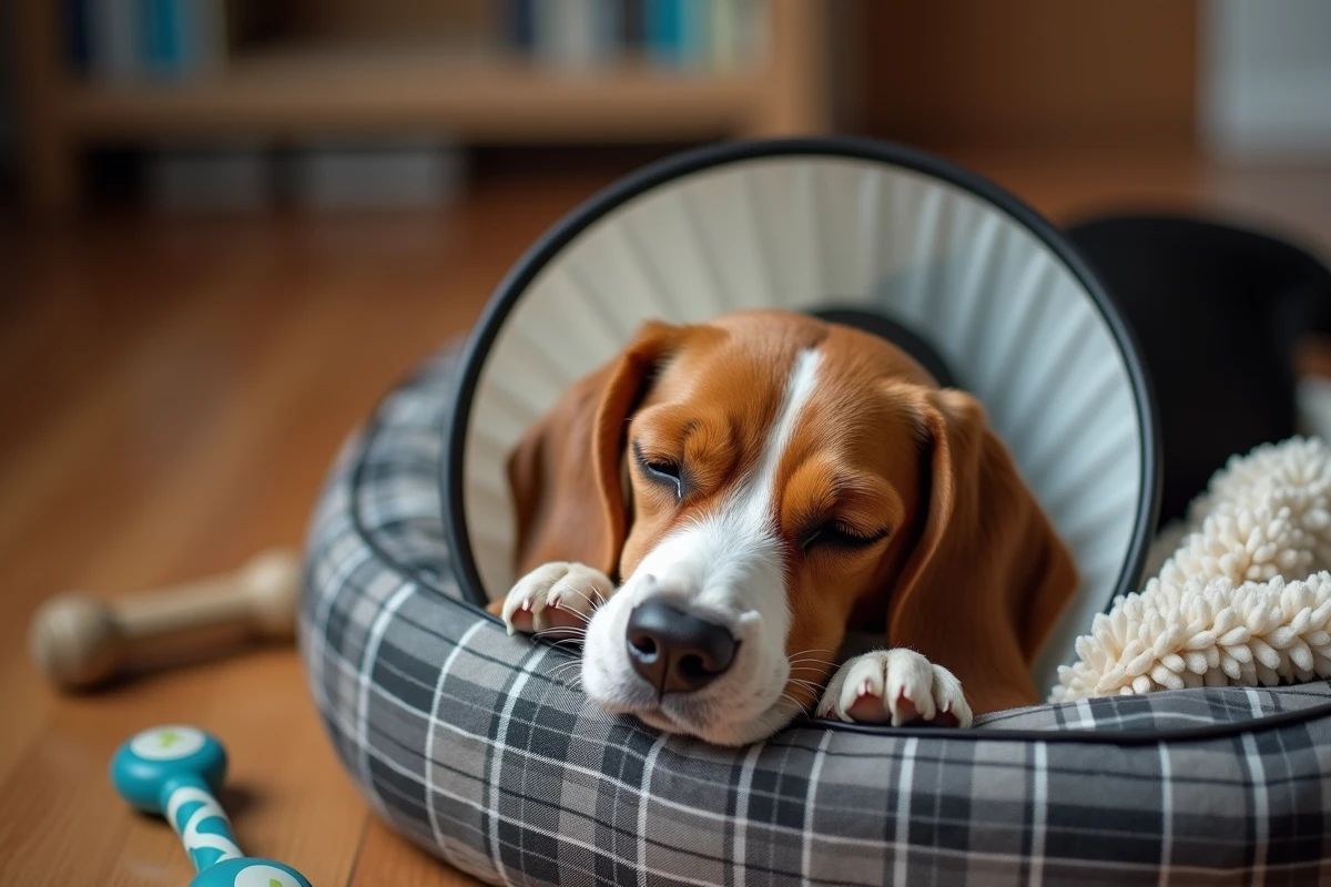 Petit beagle couché avec une collerette elizabéthaine sur son panier à la maison