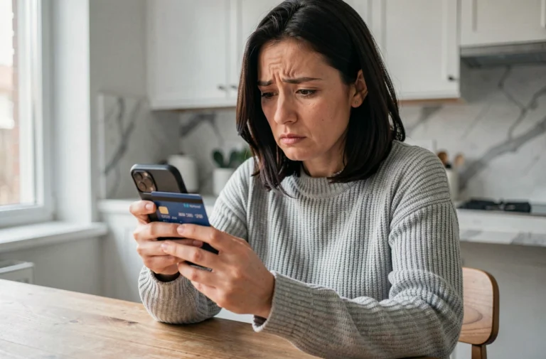 Femme tenant sa carte bancaire et regardant son smartphone pour la bloquer temporairement via une application mobile