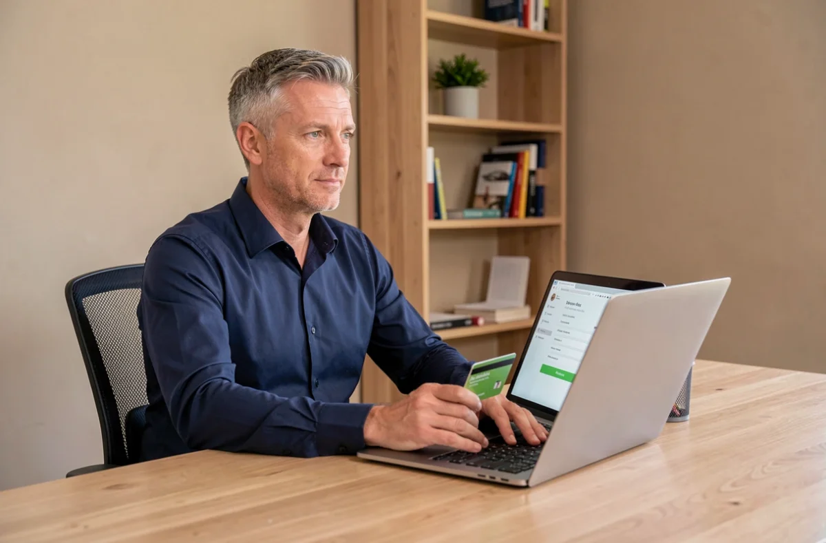 Homme utilisant l'espace client de sa banque en ligne pour bloquer temporairement sa carte bancaire depuis son bureau