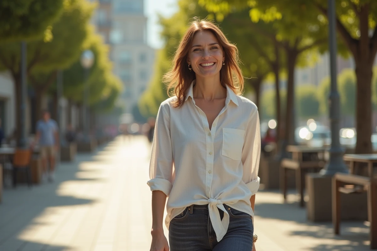 Femme aux cheveux bruns marchant sur une promenade extérieure en tenue décontractée, style photo candide editorial