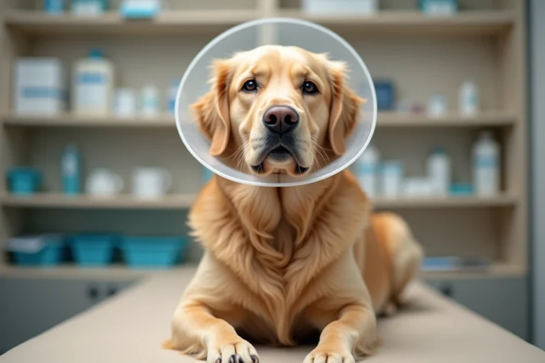 Chien golden retriever calme portant une collerette plastique transparente chez le vétérinaire