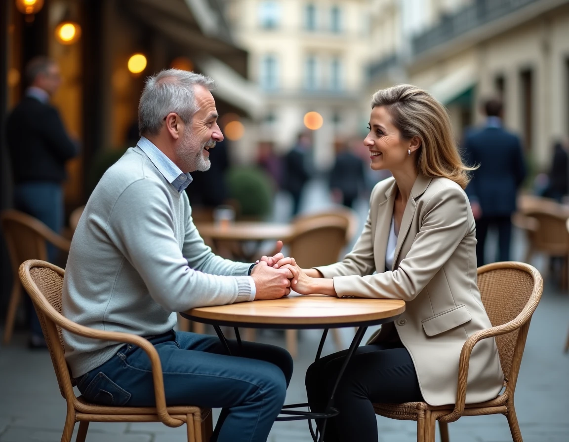 Zwei Fachleute, die während einer Coaching-Sitzung auf der Terrasse über Umorientierung und berufliche Neupositionierung sprechen
