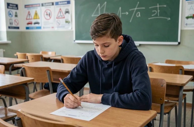 Collégien concentré qui passe l'examen ASSR dans une salle de classe avec des affiches de sécurité routière au mur