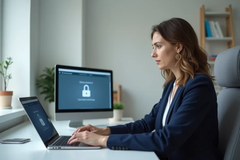 Femme en télétravail connectée à l'intranet d'entreprise via VPN sur un ordinateur portable à son bureau à domicile