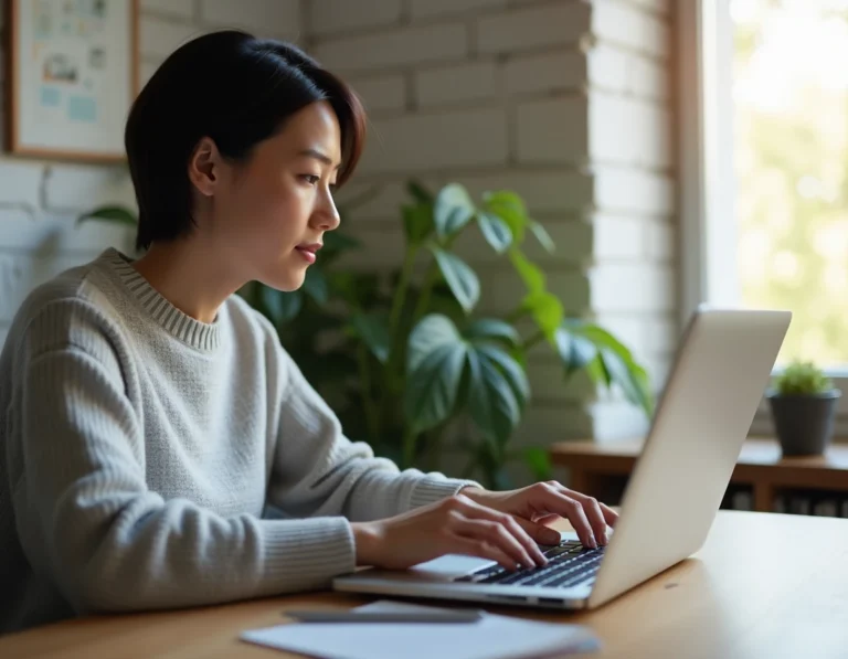 Femme se connectant en toute sécurité à son compte en ligne sur un ordinateur portable dans un bureau à domicile