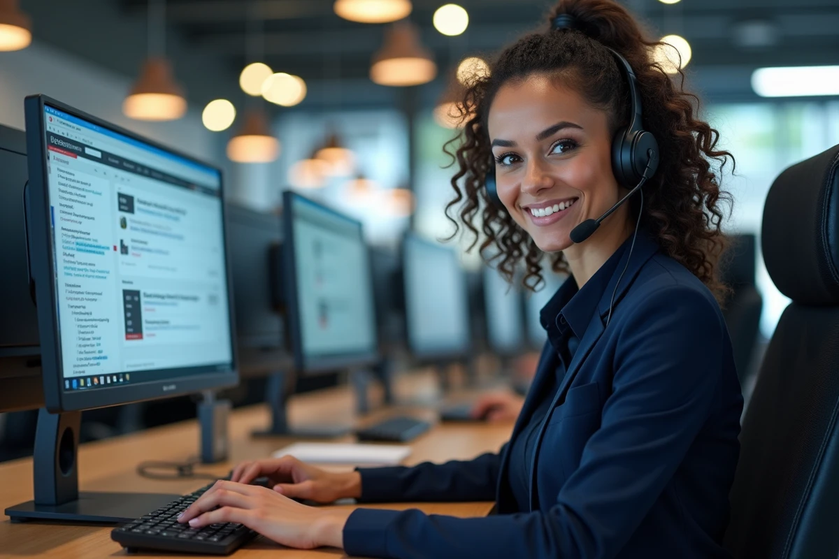 Conseillère du service client avec casque audio aidant un utilisateur à débloquer son compte email