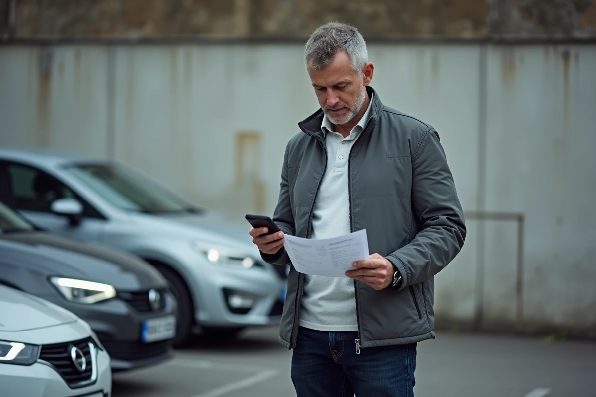 Homme consultant sa carte grise et son application d'assurance auto à côté de sa voiture dans un parking urbain