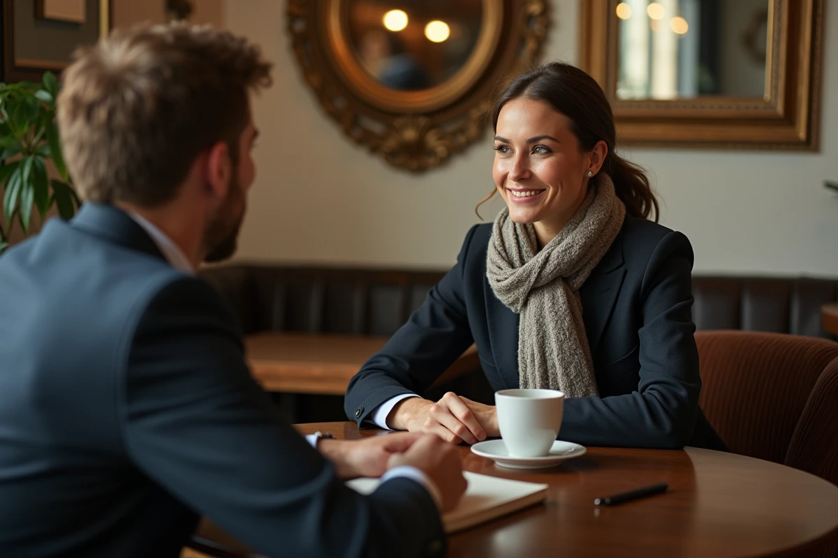 Femme et homme discutant dans un café cosy