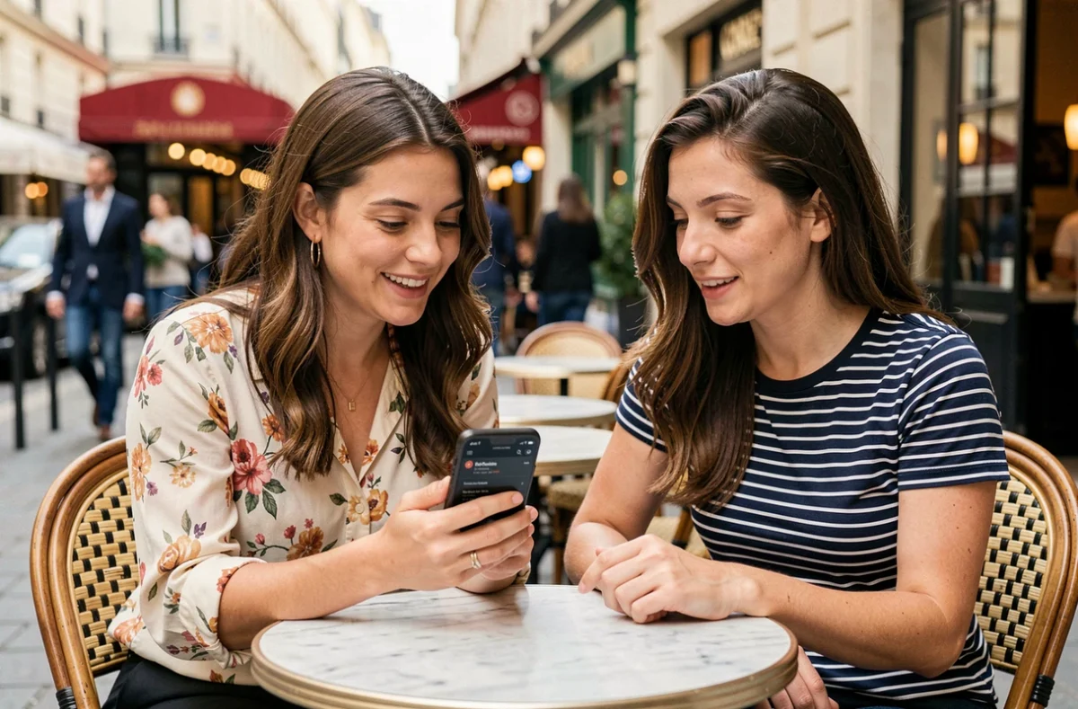 Deux femmes découvrant ensemble le plan des articles de Vivre Femme sur smartphone dans un café parisien