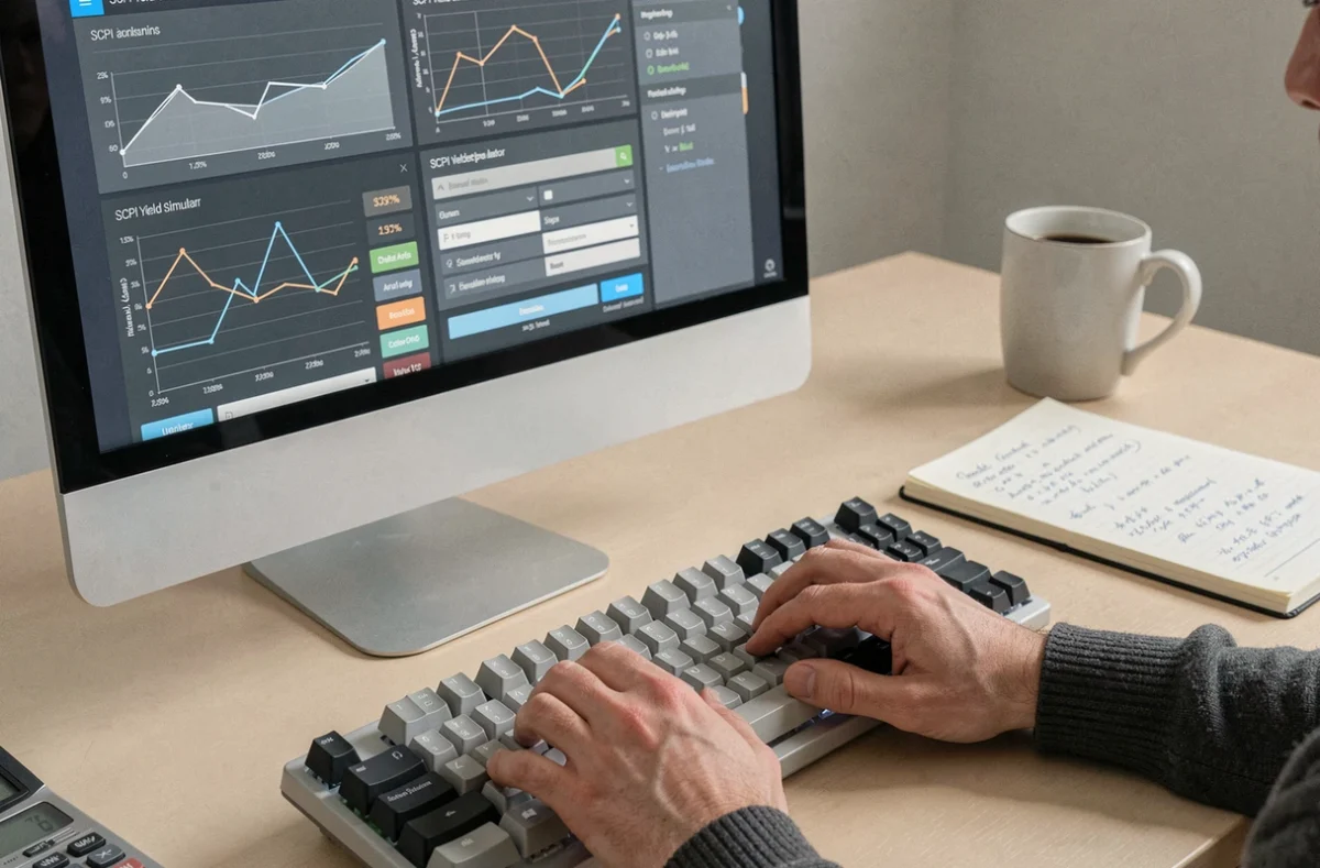 Gros plan sur un écran d'ordinateur affichant un simulateur de rendement SCPI avec des graphiques financiers