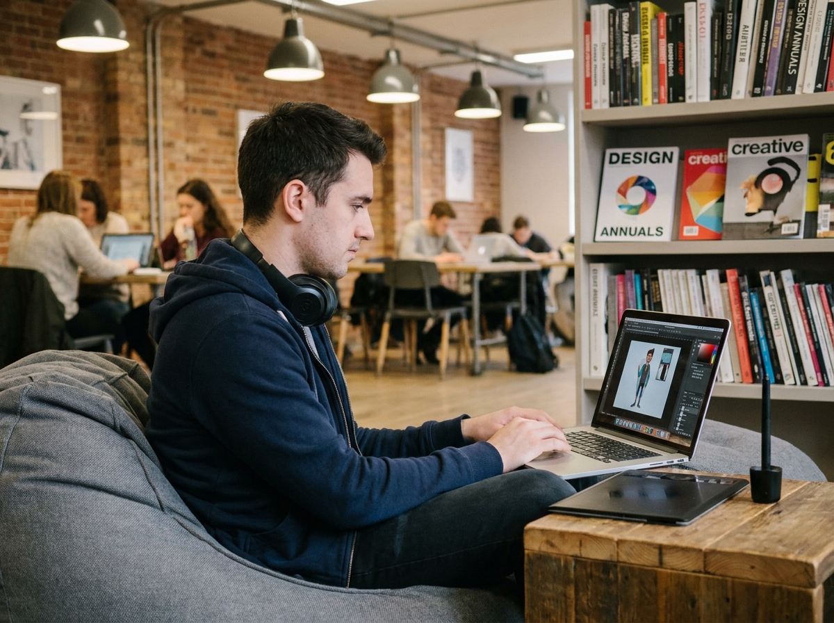 Étudiant en design graphique travaillant sur une tablette graphique et un ordinateur portable dans un espace commun moderne d'une école de design