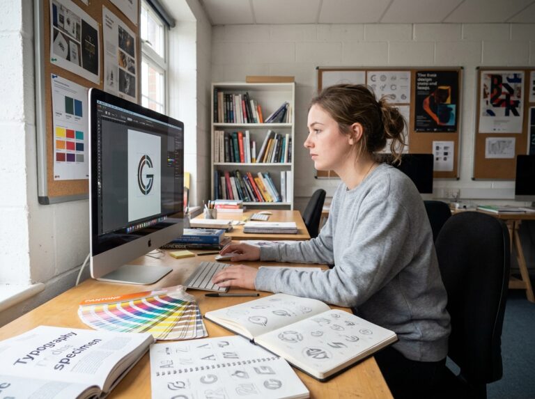 Étudiante en design graphique travaillant sur un projet typographique dans un studio universitaire avec des échantillons de couleurs et des sketchbooks ouverts