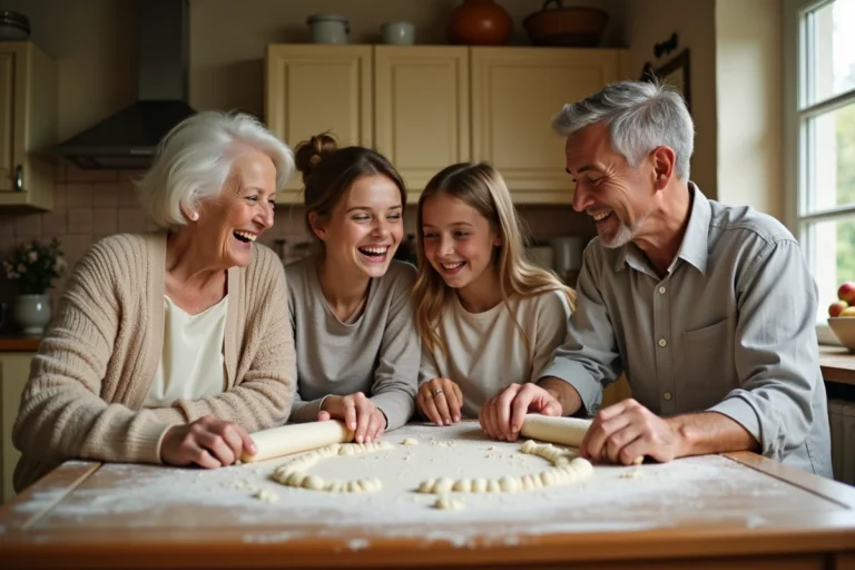 Famille multigénérationnelle qui cuisine ensemble dans une cuisine rustique, renforçant les liens familiaux au quotidien