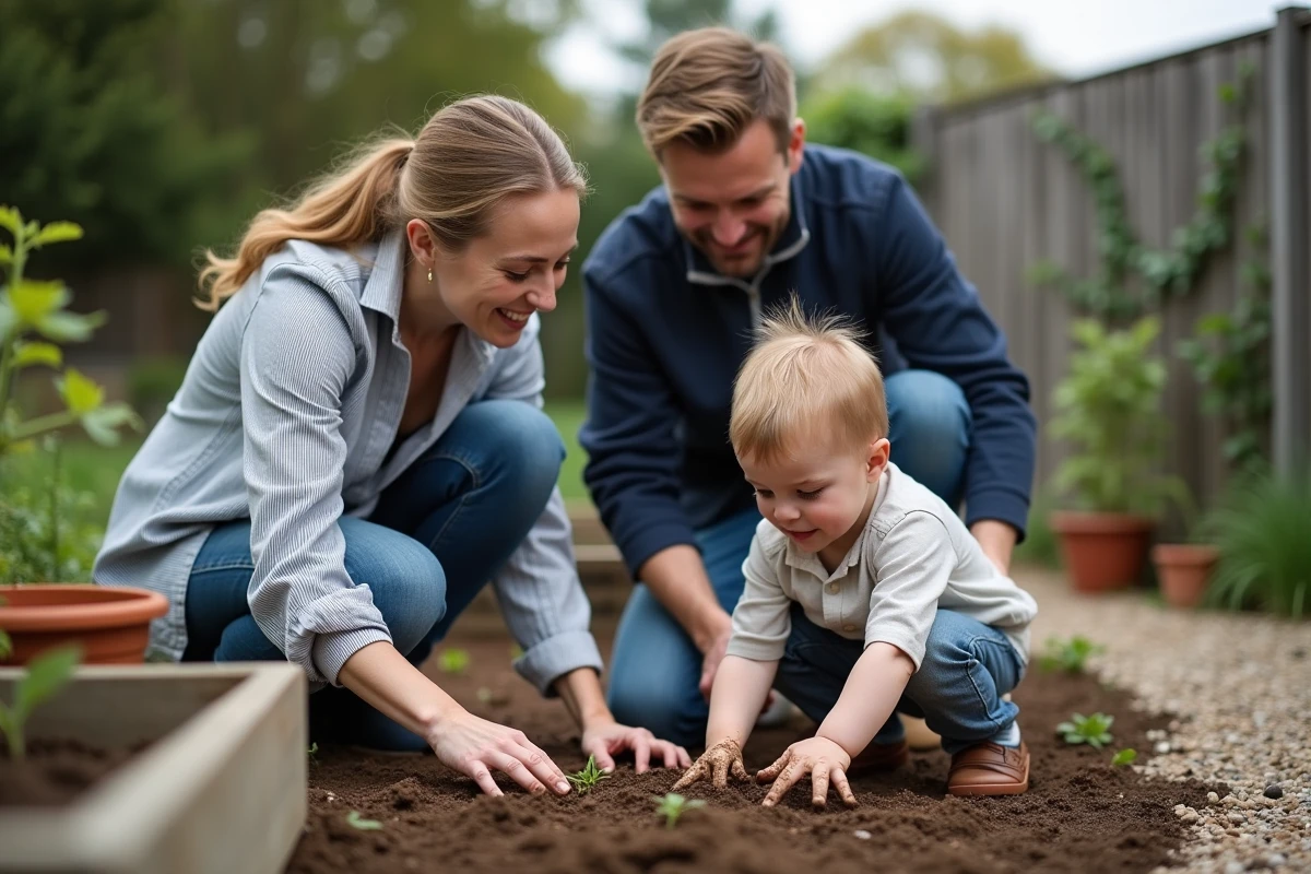 Famille avec enfant jardiner ensemble dans un potager de jardin suburban, parents encourageant leur fils