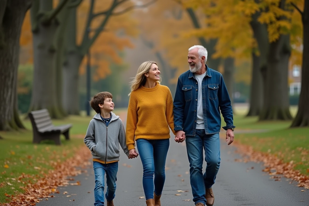 Family walking together in a park in autumn, sharing a moment of complicity and family connection