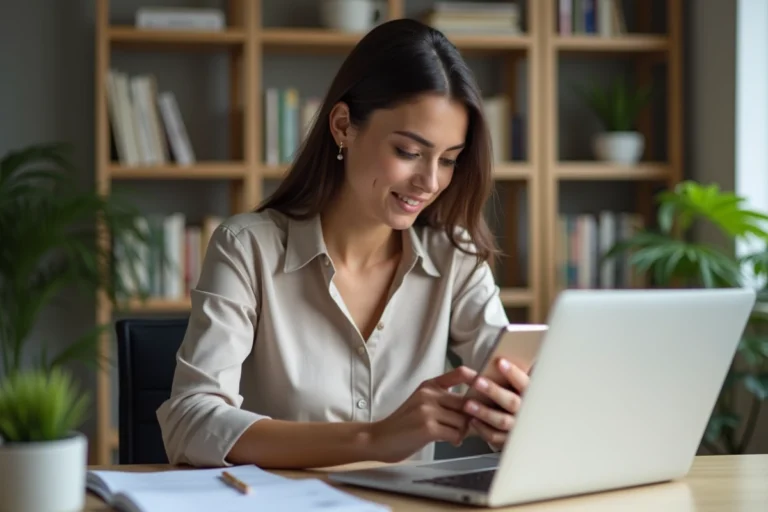 Femme daffaires en bureau gérant ses stocks avec smartphone