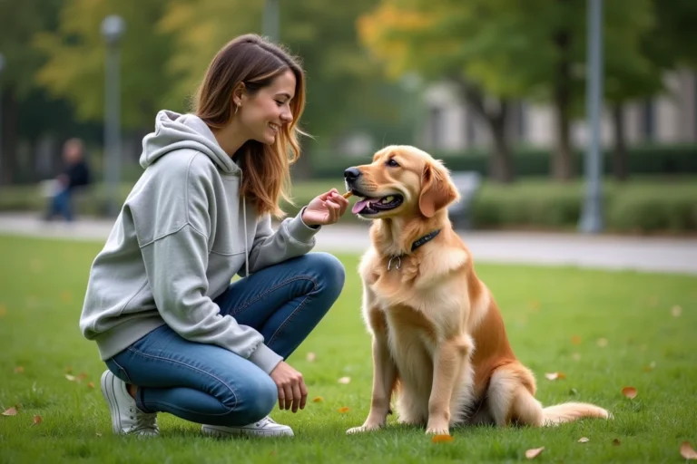Femme avec un retriever dans un parc urbain ensoleille