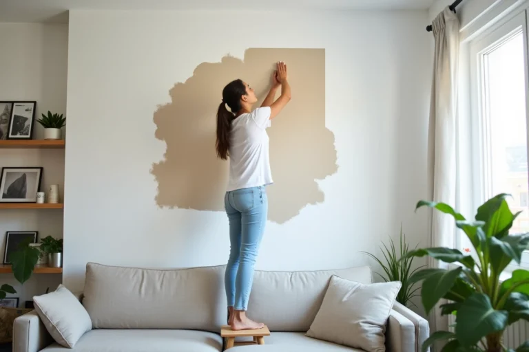Jeune femme appliquant un grand sticker mural dans un salon lumineux
