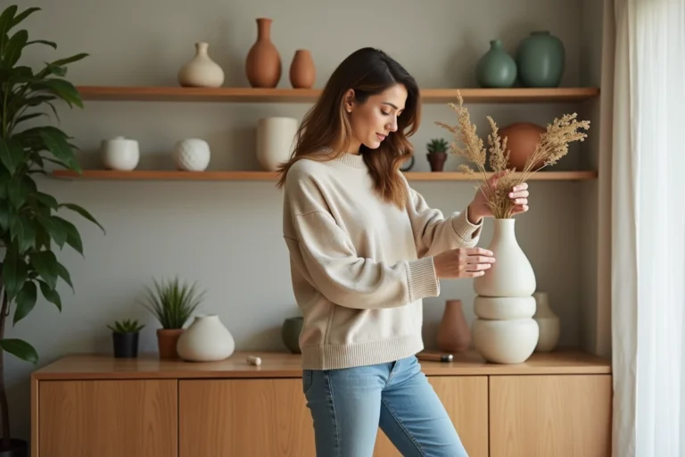 Femme arrangeant un vase en sculpture dans un salon moderne