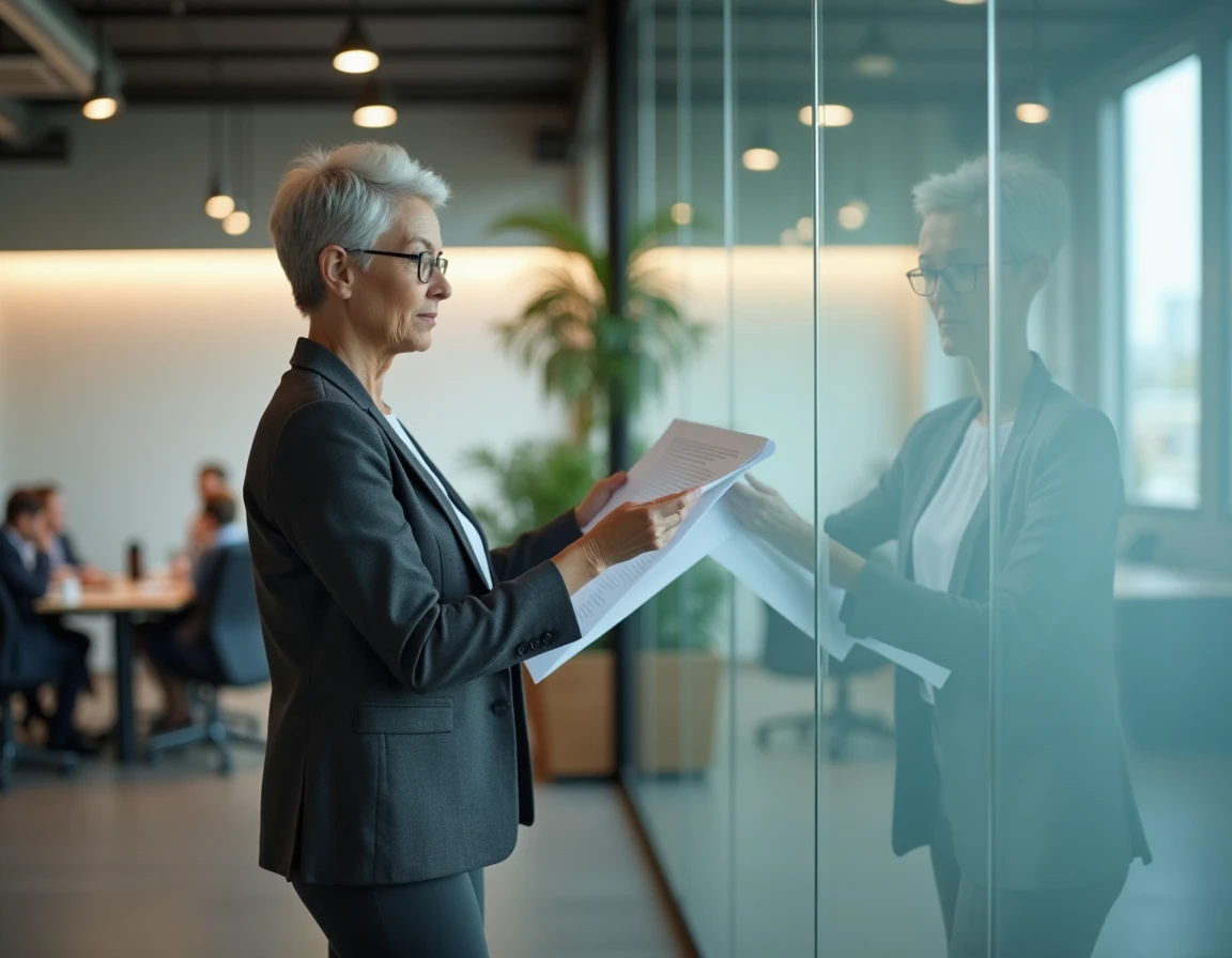 Frau in der Umorientierung, die ein strategisches Dokument in einem professionellen Coworking-Space prüft