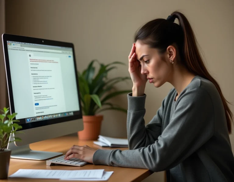 Femme frustrée devant un ordinateur tentant de modifier son RIB sur un formulaire en ligne France Travail