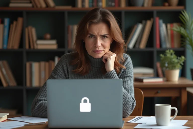 Femme frustrée devant un écran d'ordinateur affichant un message d'erreur de compte bloqué