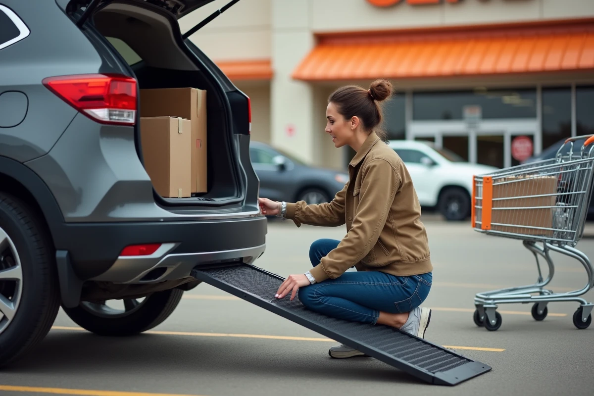 Femme inspectant le mécanisme de fixation d'une rampe de chargement sur un SUV gris dans un parking de grande surface