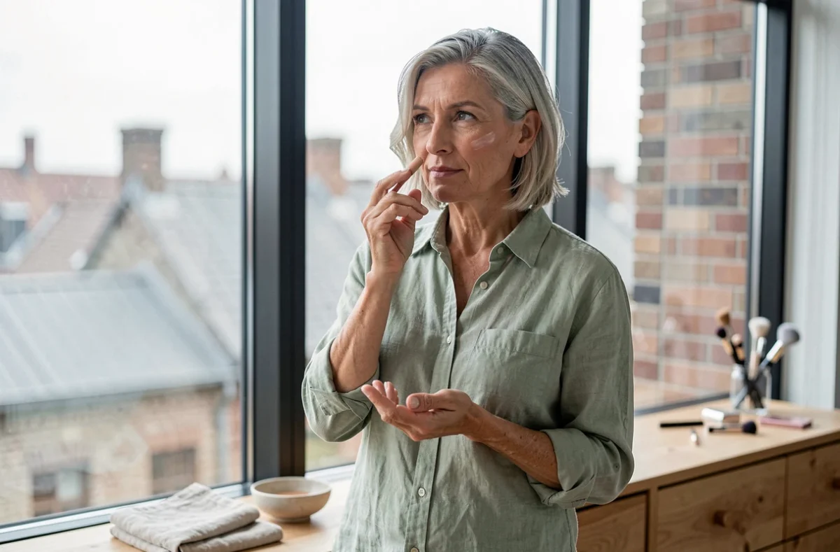 Femme mature appliquant une crème teintée devant une grande fenêtre de loft urbain, tendance beauté naturelle et minimaliste