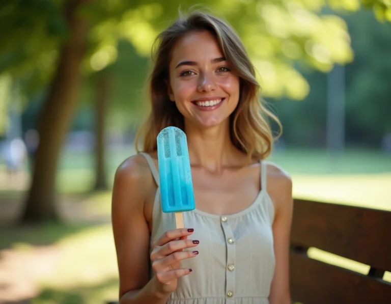 Jeune femme tenant un Mister Freeze bleu fondant en été dans un parc