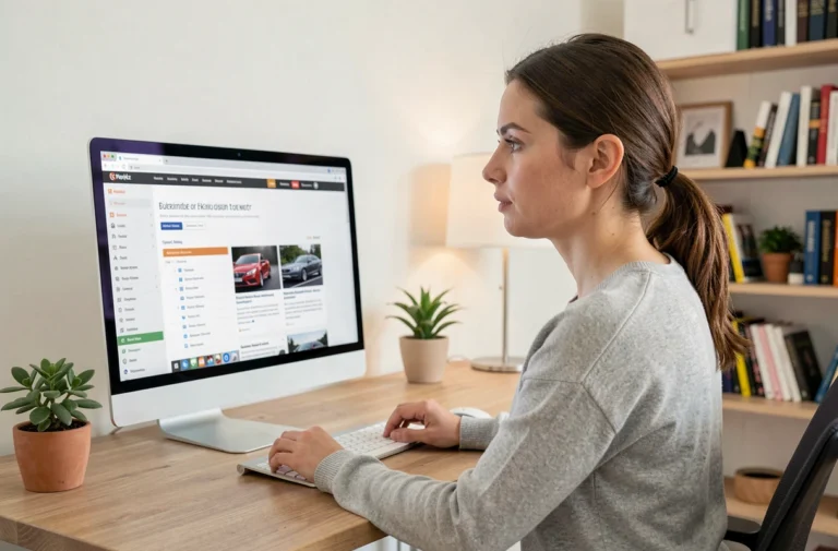 Femme naviguant sur le plan du site d'un portail automobile sur un ordinateur de bureau