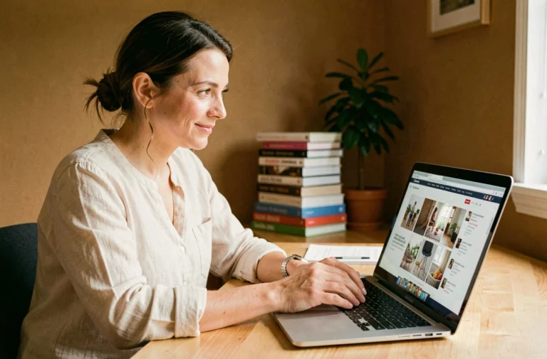 Femme parcourant le plan du site Vivre Femme sur son ordinateur portable dans un bureau à domicile chaleureux