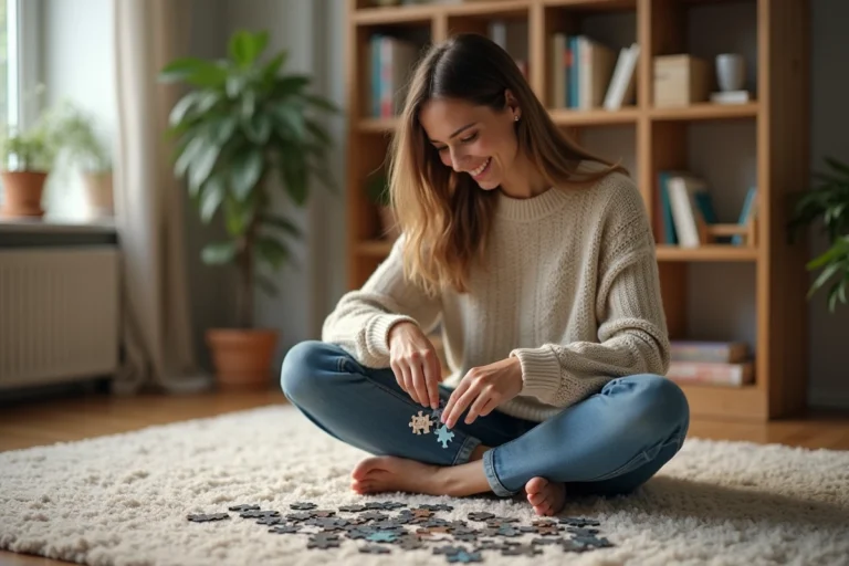 Femme en tricot assemble un puzzle dans un salon lumineux