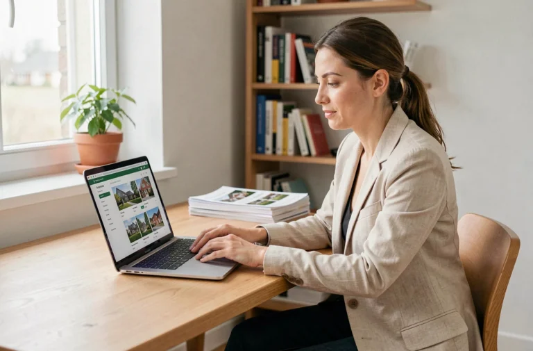 Femme recherchant un bien immobilier sur un portail en ligne depuis son bureau à domicile