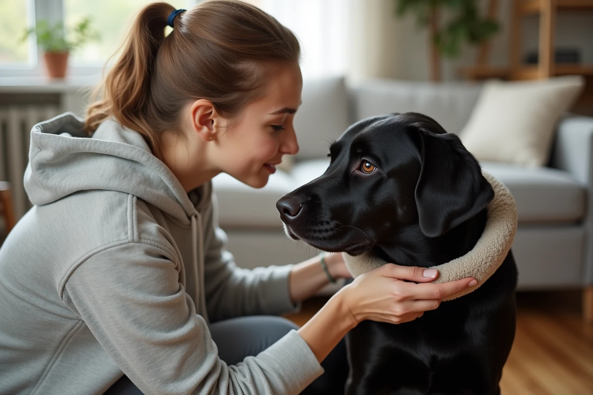 Femme réconfortant son labrador noir portant une collerette souple à la maison