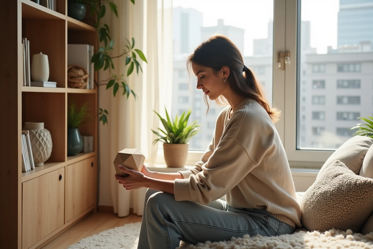 Jeune femme arrangeant une sculpture dans un salon scandinave lumineux