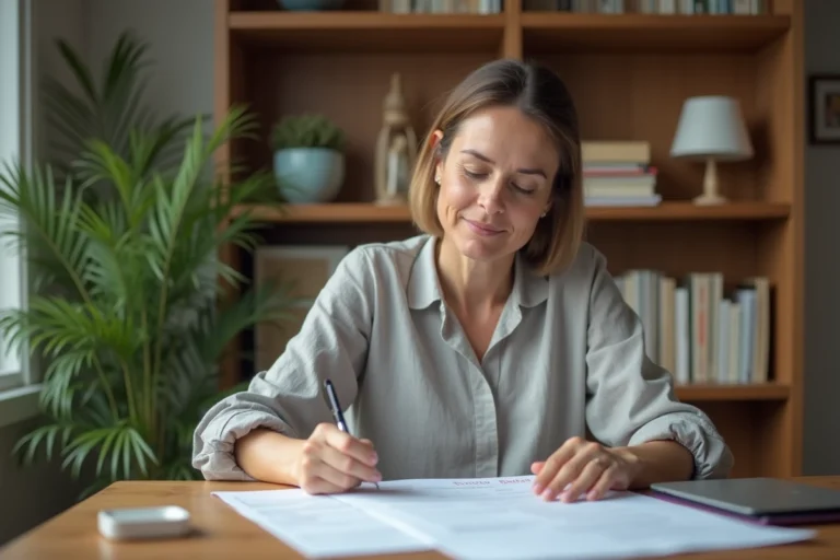 Femme signant une quittance de loyer à son bureau à domicile