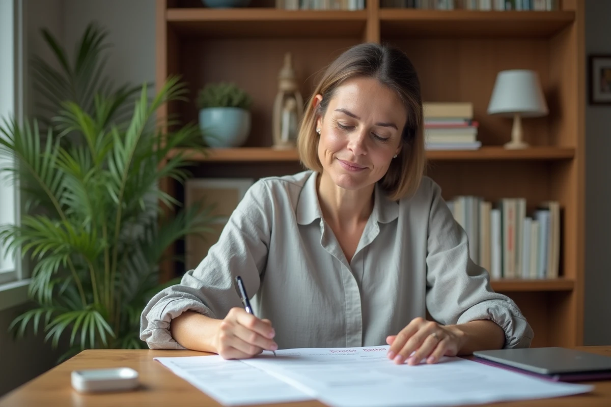 Femme signant une quittance de loyer à son bureau à domicile