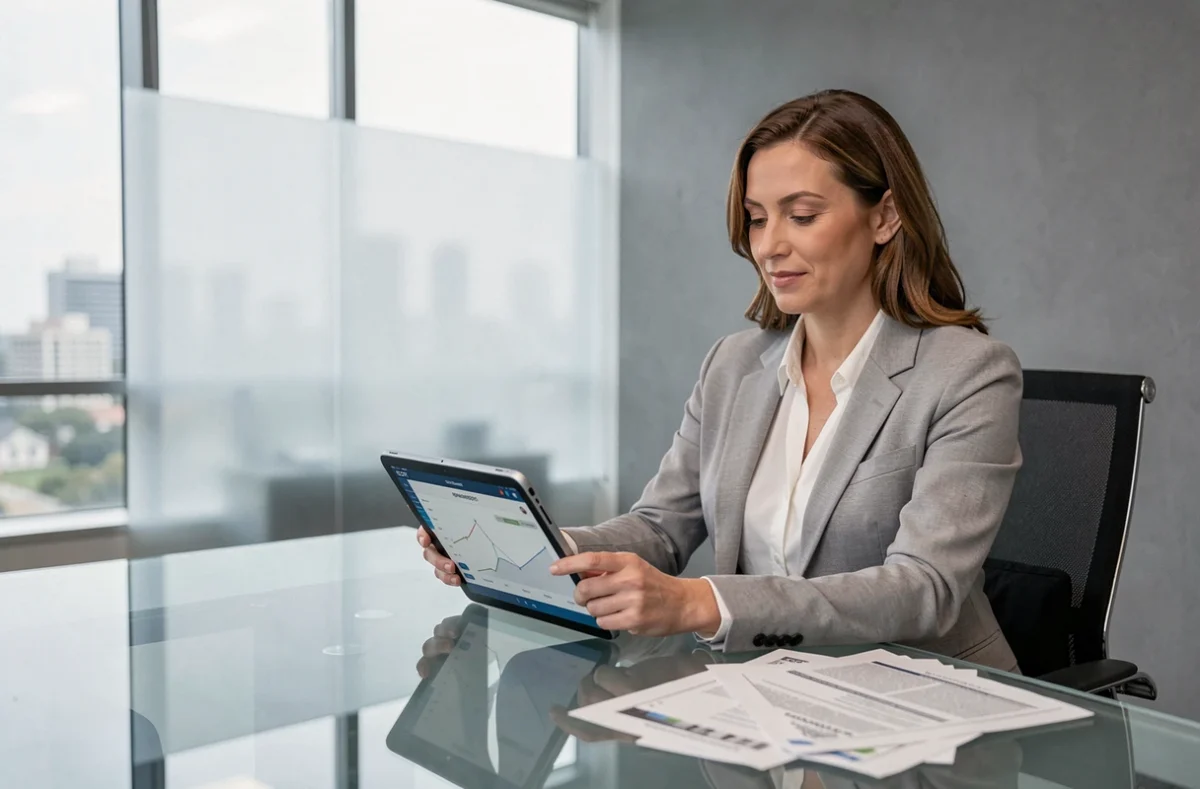 Femme consultant un simulateur SCPI sur une tablette dans un bureau moderne avec vue sur la ville