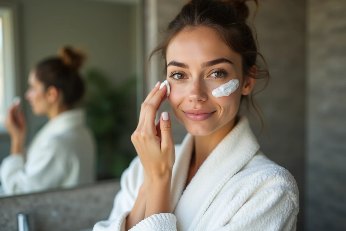 Femme appliquant une creme visage dans une salle de bain moderne