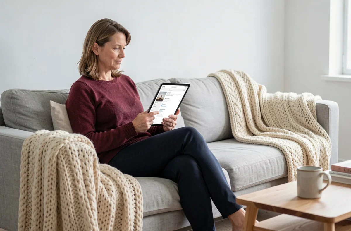 Femme consultant le sommaire complet d'un magazine féminin en ligne sur une tablette dans un salon scandinave