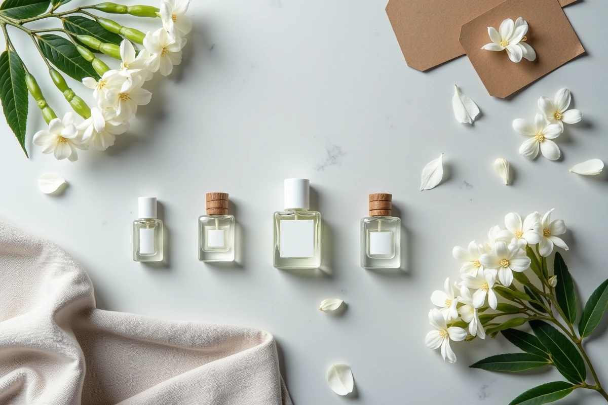 Flat lay de flacons de parfum abordables avec des fleurs blanches sur fond de pierre grise, représentant les alternatives parfum Lidl 2026