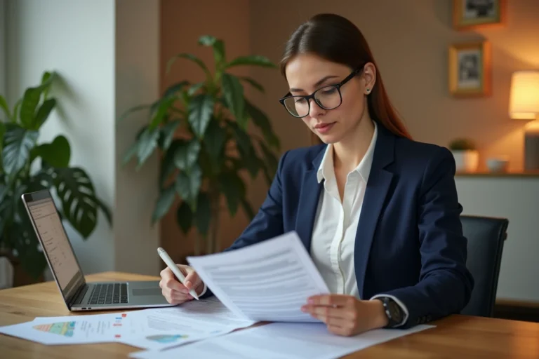 Femme organisant ses papiers de voiture — assurance, carte grise et contrôle technique — sur un bureau en bois à domicile