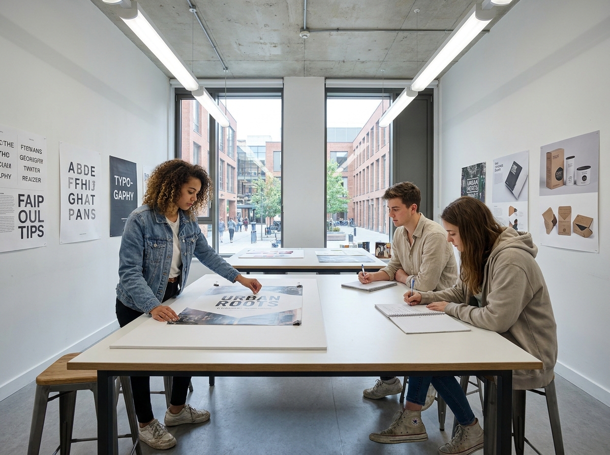 Groupe d'étudiants en design graphique lors d'une session de critique de projet autour d'une table avec des affiches imprimées dans une salle de cours moderne