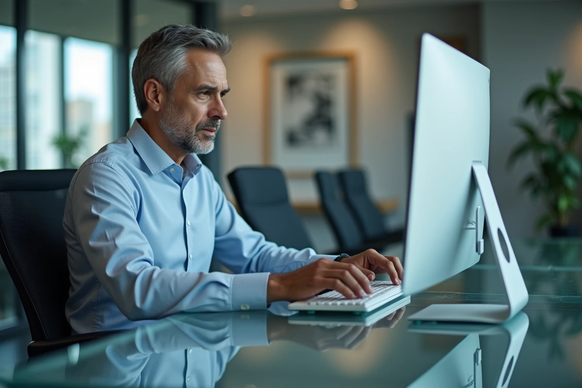Homme daffaires en banque passant une commande boursière