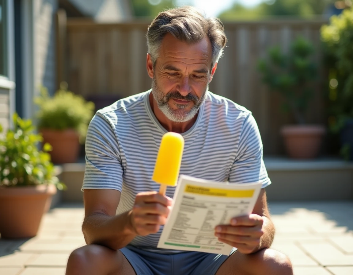 Man reading the nutritional information of a Mister Freeze on a sunny terrace