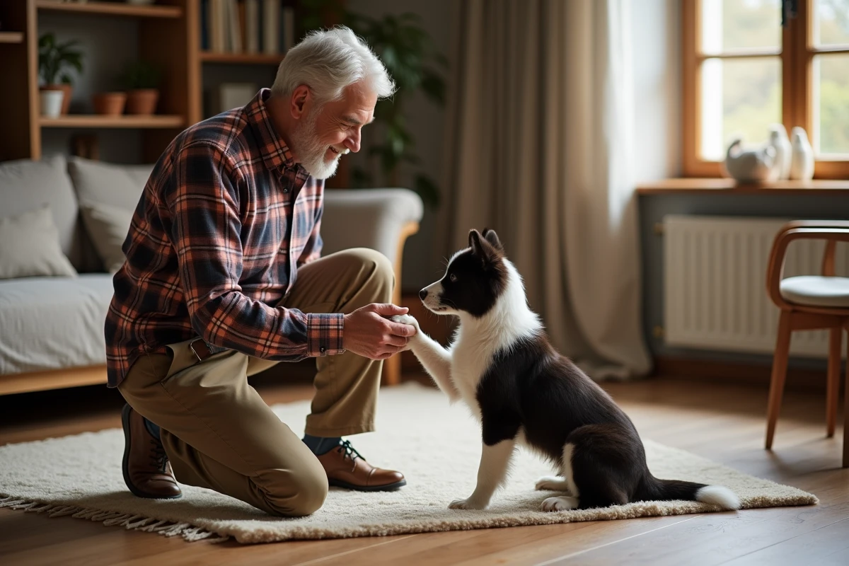 Homme guide un chiot border collie dans un salon chaleureux